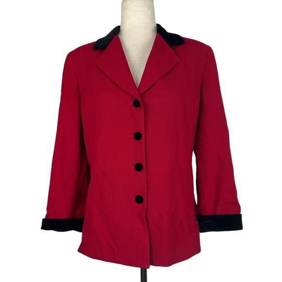 Vintage Talbots Blazer Jacket Women 10 Petite Red Wool Velvet Accents Holiday - Picture 1 of 10